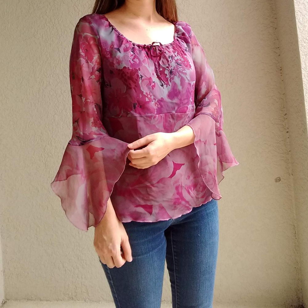 Vintage Purple & Pink Floral Print Peasant Top